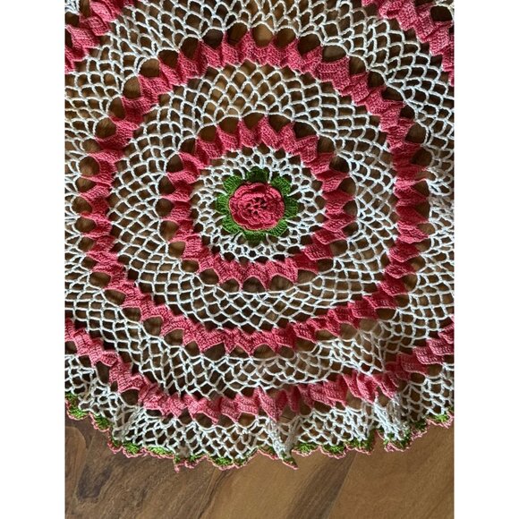Handmade Crochet Lace Doily With Pink & Green Floral Design 26" Round - Picture 3 of 5